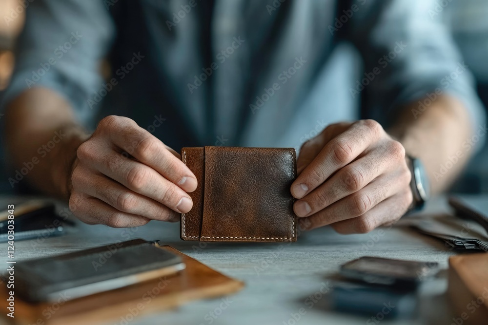 Obraz premium A craftsman carefully displays a handmade, brown leather wallet, showcasing its quality and craftsmanship.