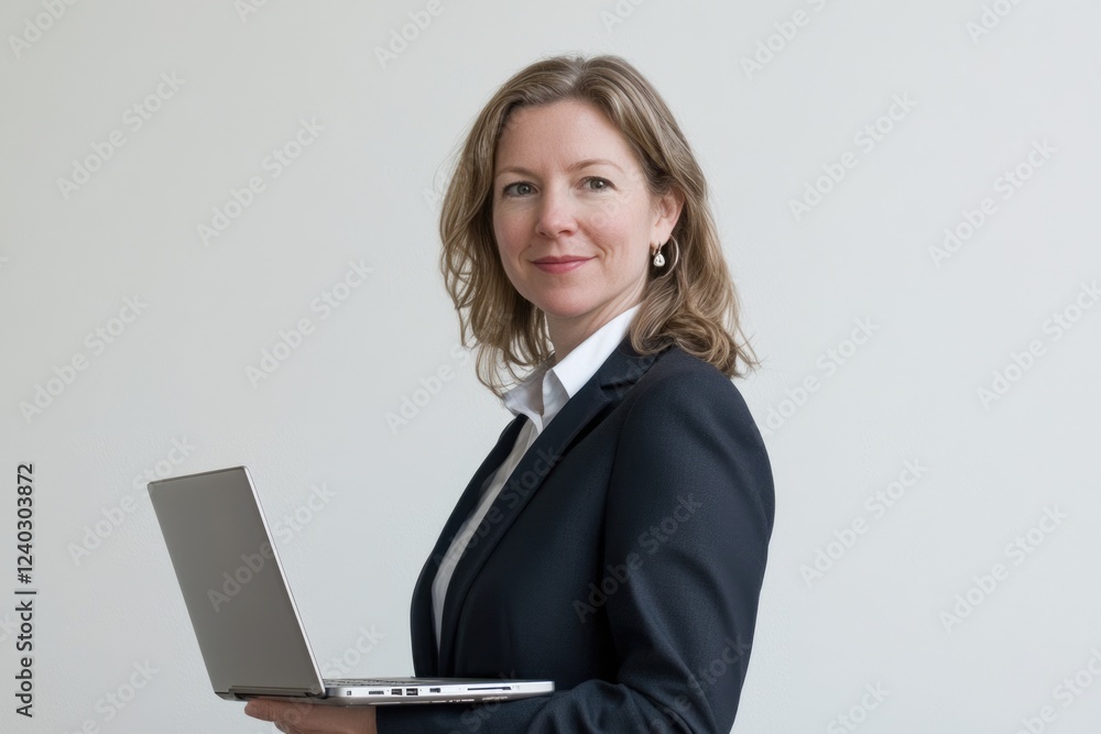 Confident businesswoman holding a laptop, smiling subtly against a white background. Confident businesswoman holding a laptop, smiling subtly against a white background.