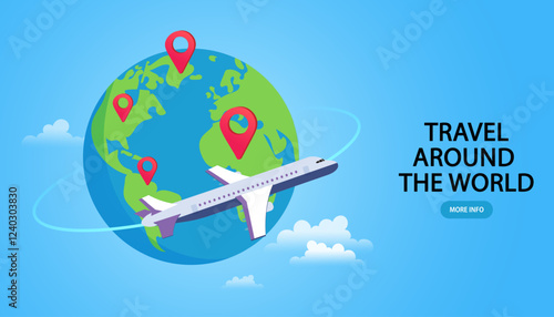 Start your global journey! An airplane flies around the world map, symbolizing international travel, adventure, and global connectivity. This image is perfect for travel agencies and promotions.