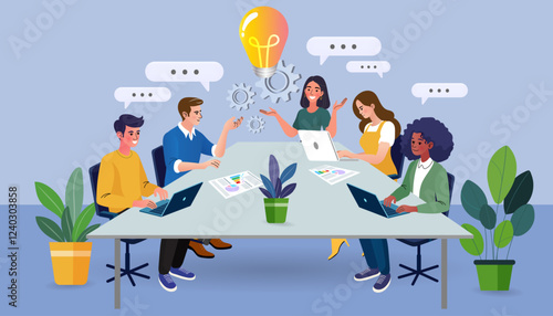A diverse business team collaborates in a meeting. Colleagues are brainstorming for a new strategy, with a lightbulb icon representing a creative idea and innovation.