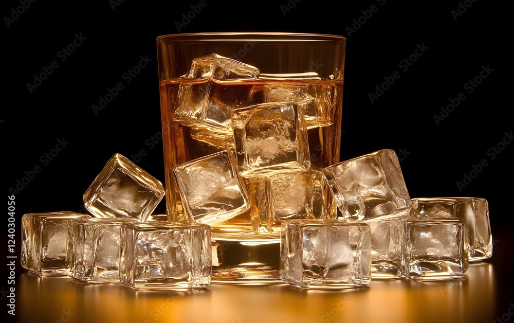 Whiskey Glass with Ice Cubes on Dark Background Whiskey Glass with Ice Cubes on Dark Background