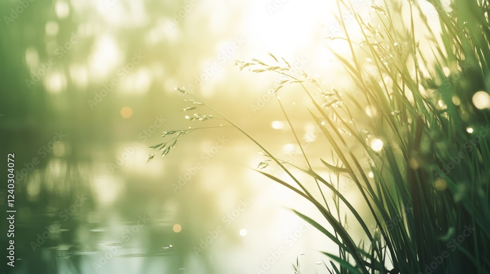 Φωτογραφία Graceful blades of grass, kissed by sunlight, sway by a reflective pond, creating a tranquil, verdant scene of natural beauty