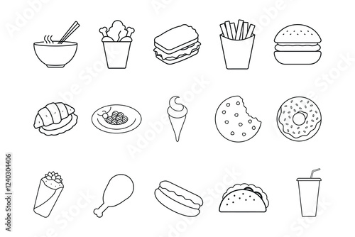 Collection of outline food icons set. Simple line art icons of various fast food and desserts ramen, hot dog, ice cream cone etc. Vector illustration of many types fast food items set isolated on whit