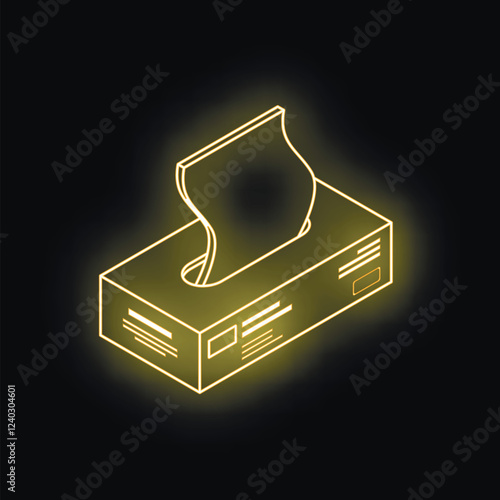 Gold neon icon of open tissue box with a tissue coming out on black background