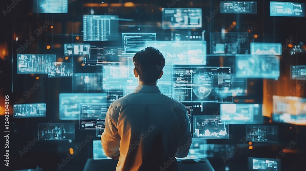 Data analyst at work, digital screens background Data analyst at work, digital screens background