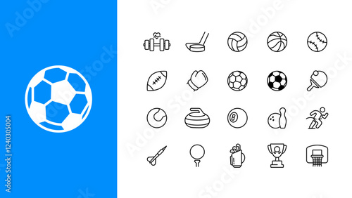 Sports equipment Icons. Editable stroke