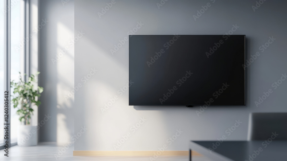 Fototapeta premium Modern office interior featuring wall mounted television, minimalistic design, and natural light. space is calm and inviting, perfect for productivity
