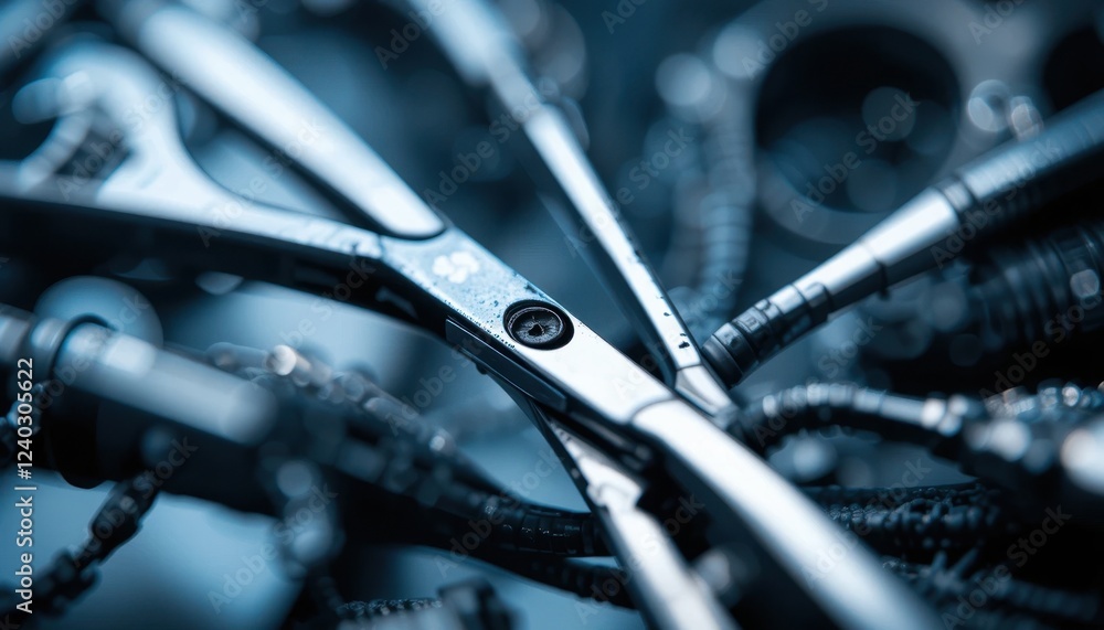 Obraz premium an extreme macro shot of modern surgical scissors and forceps highlighting intricate reflections and textures