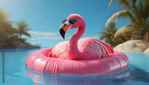 Pink Flamingo Wearing Trendy Sunglasses, Casually Floating on a Bright Inflatable Ring in a Relaxing Summer Scene photo