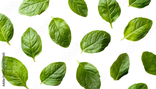 Fresh spinach leaves scattered on black background, food photography, healthy eating