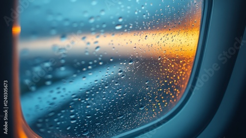 A close-up view of an airplane window, with condensation droplets on the glass and the sky visible outside. photo