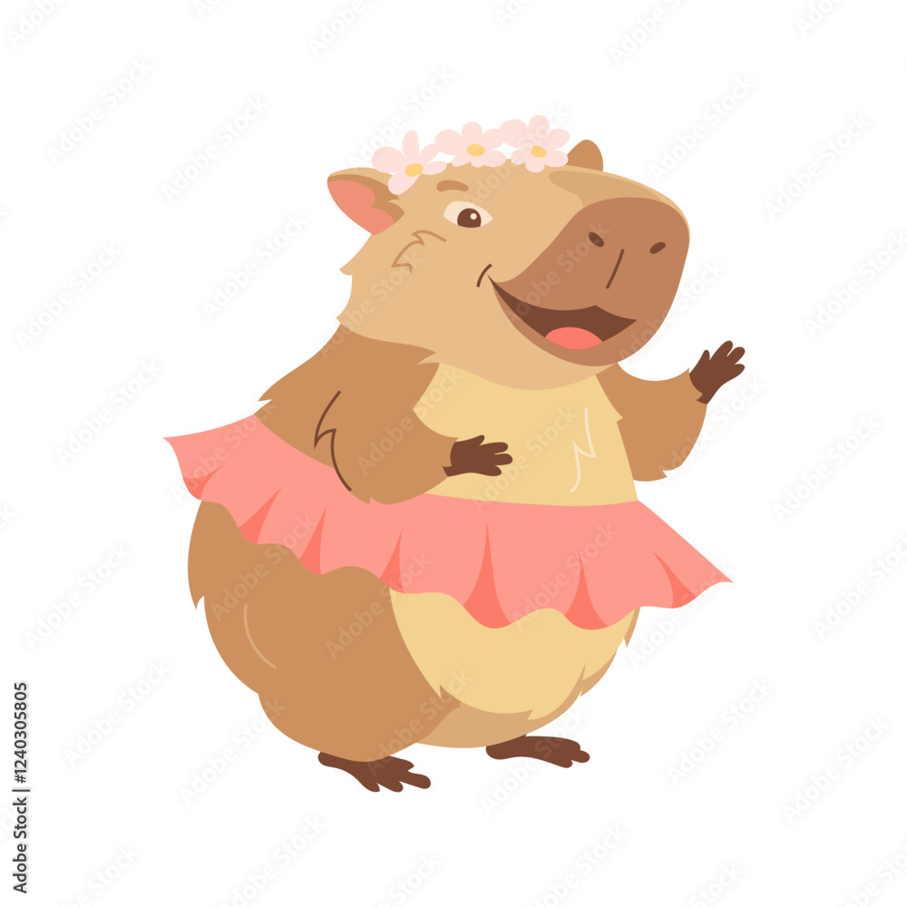 Fototapeta premium Cartoon pretty capybara in skirt and wreath on her head. Design element of funny animal, cute biggest rodent. Flat vector children's design illustration for print, greeting card, packaging, fabrics