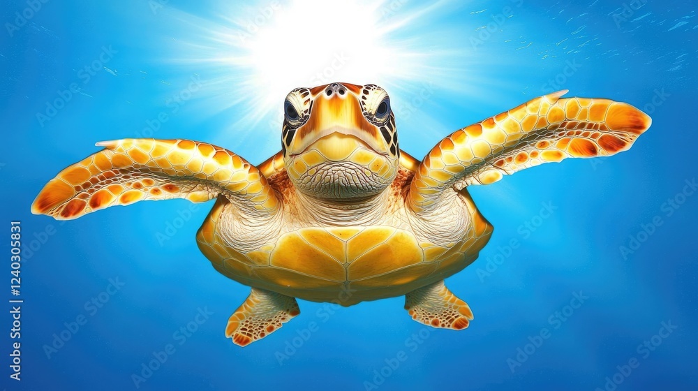 Obraz premium Swimming sea turtle underwater ocean wildlife photography vibrant environment upward view marine conservation