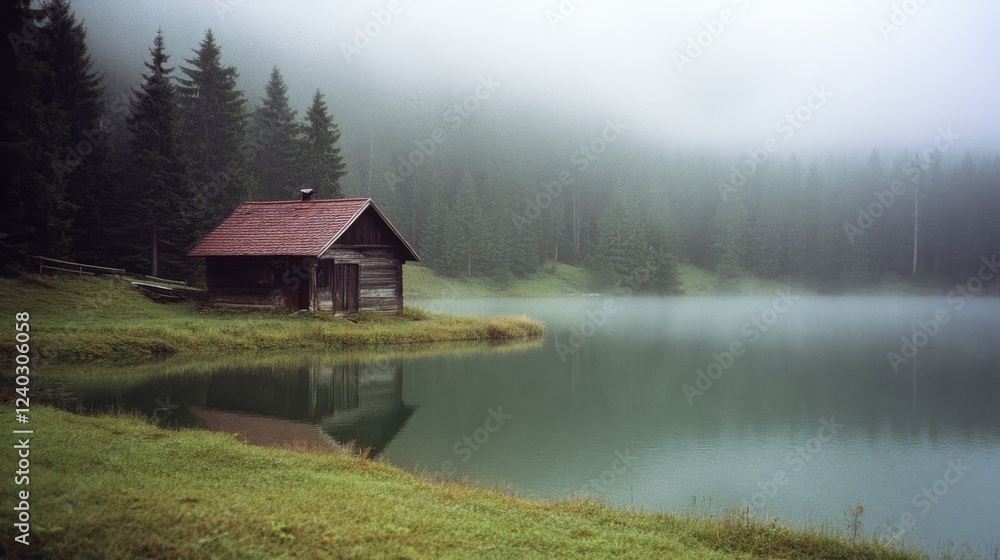 Fototapeta premium A cozy cabin stands by a misty lake, surrounded by lush trees, capturing a tranquil, secluded atmosphere.