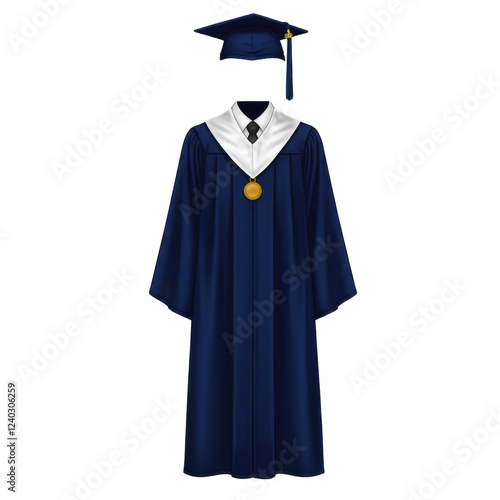 Modern graduation outfit with navy-blue gown and white satin accents with matching cap and transparent neck and head area