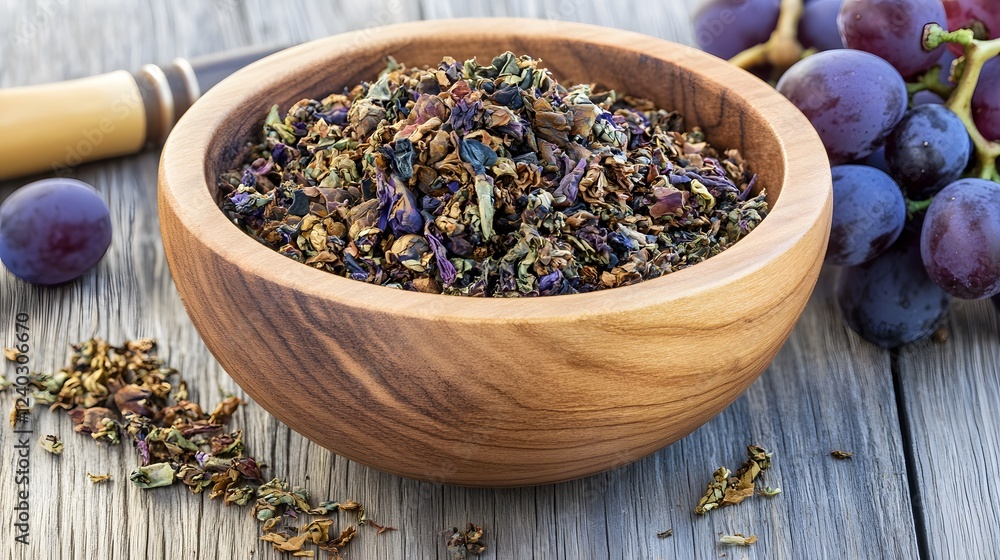 Dried Flower and Grape Herbal Tea Blend in Wooden Bowl Dried Flower and Grape Herbal Tea Blend in Wooden Bowl