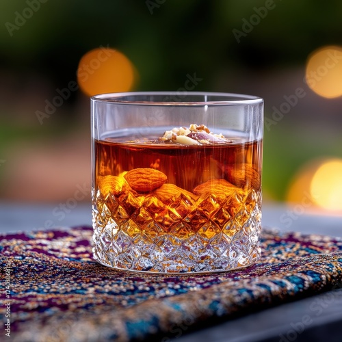 Glass of Kahwa Tea with Saffron Strands and Crushed Nuts photo