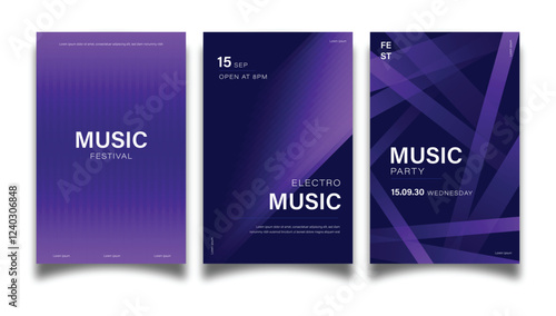 Abstract purple music posters with geometric shapes, copy space and bold text for electro, party, concert, flyer, festival design illustration