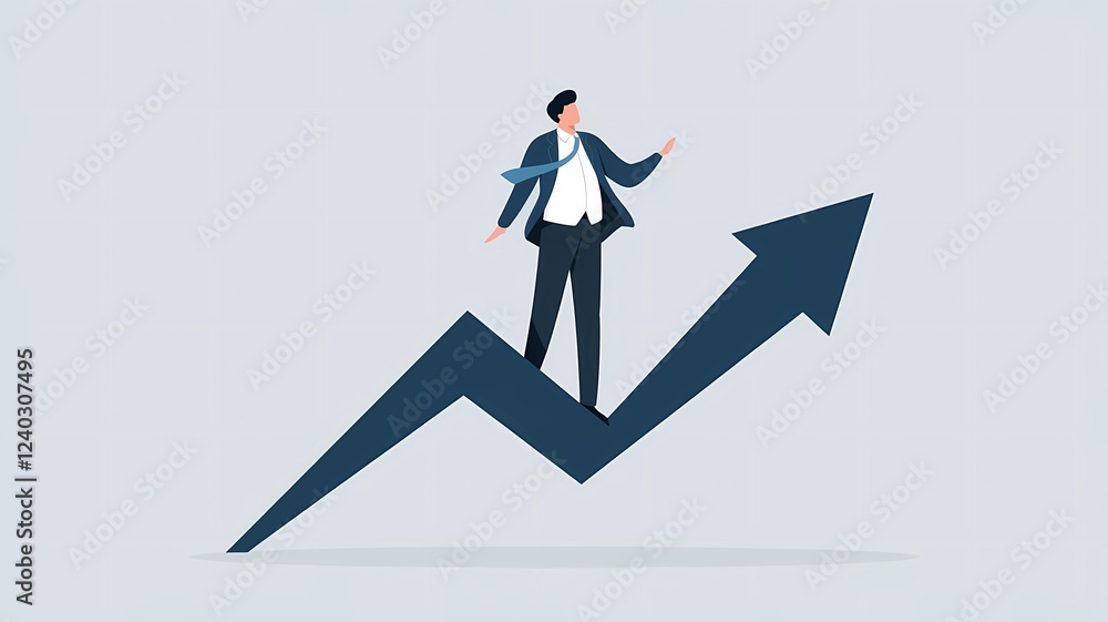 Businessman standing atop a rising arrow, symbolizing growth and success in business Businessman standing atop a rising arrow, symbolizing growth and success in business
