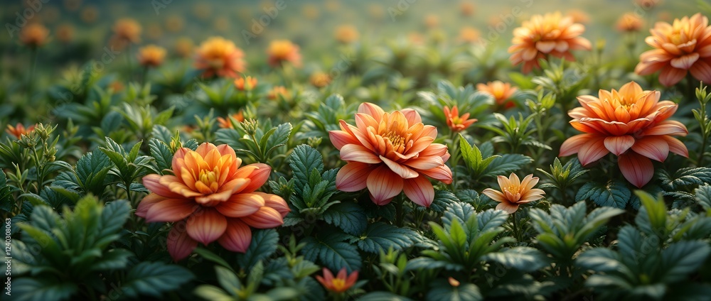 Vibrant Orange Dahlia Flower Field with Green Foliage Botanical Background Vibrant Orange Dahlia Flower Field with Green Foliage Botanical Background