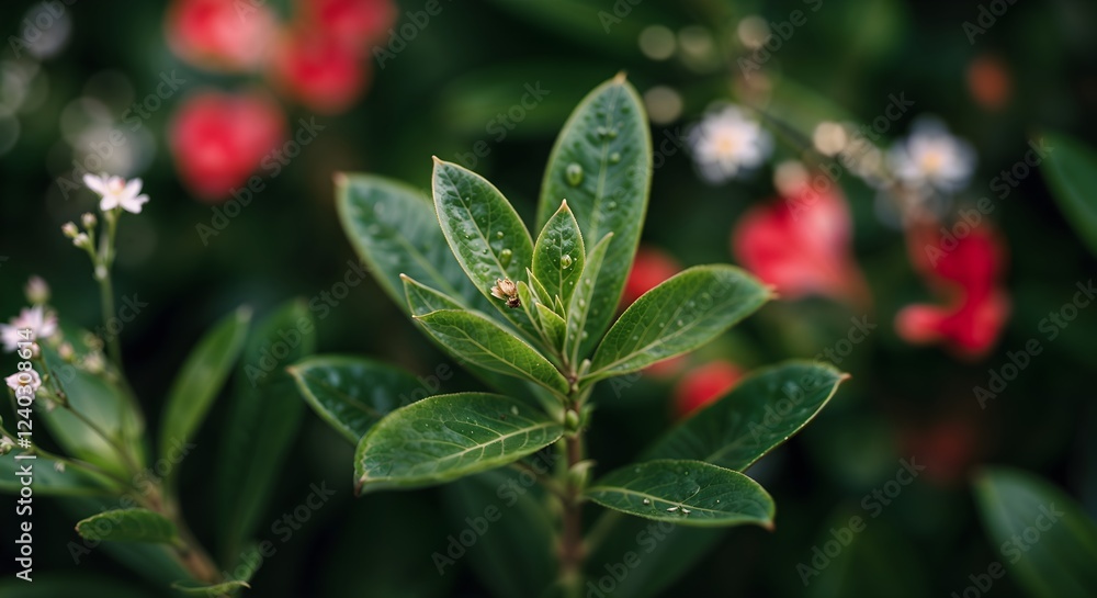 Close-Up of Green Leafy Plant with Water Droplets and Blurred Floral Botanical Background Close-Up of Green Leafy Plant with Water Droplets and Blurred Floral Botanical Background