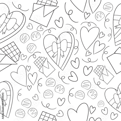 Seamless pattern with black and white hand drawn cute romantic objects like chocolate, bite choco, love shape vector illustration. Perfect for romantic prints on fabric, wrapping paper, greeting cards