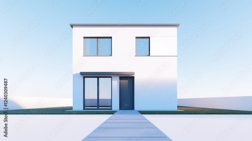 Modern white house with large windows and clean design, featuring simple pathway leading to entrance. minimalist architecture emphasizes contemporary aesthetic Modern white house with large windows and clean design, featuring simple pathway leading to entrance. minimalist architecture emphasizes contemporary aesthetic