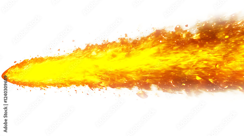 Obraz premium A fiery meteor streaks through the atmosphere on white & transparent a background.