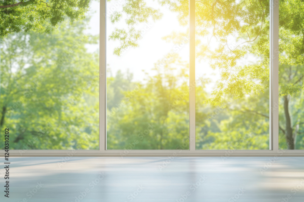 Naklejka premium Bright sunlight streaming through large windows, illuminating serene green landscape outside. peaceful atmosphere invites relaxation and tranquility