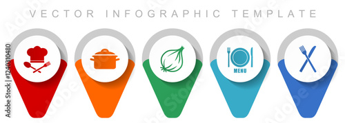 Food pointer collection, miscellaneous icons such as chef hat, pot, onion, menu and cutlery, flat design vector infographic template in eps 10