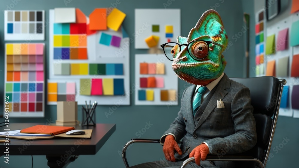Obraz premium Chameleon art director sitting in office choosing color palette