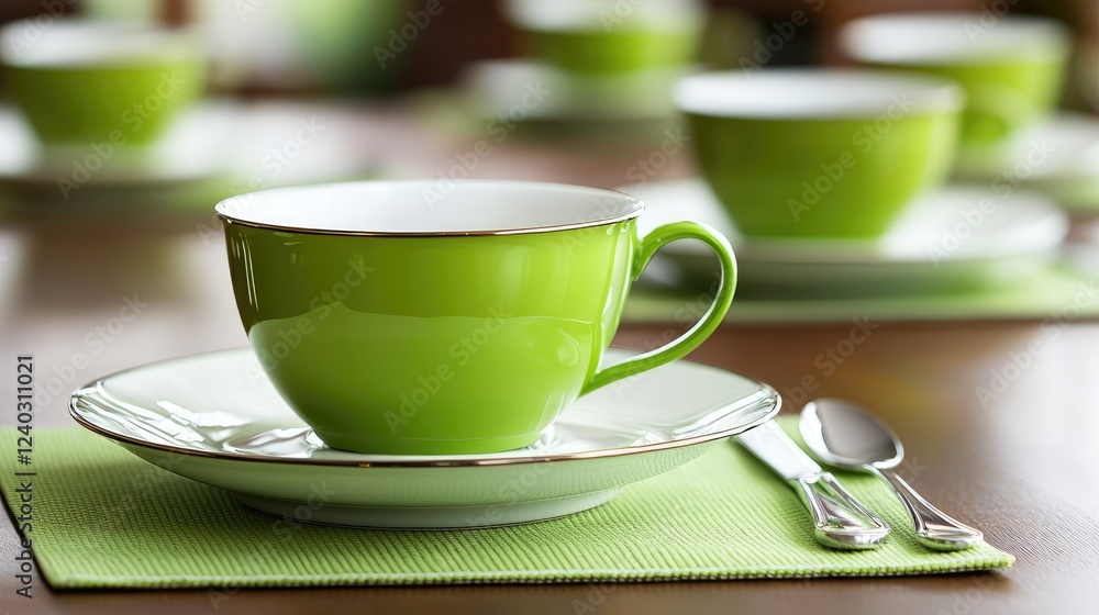 Fototapeta premium Elegant green tea cup setting dining room tableware display cozy atmosphere close-up refreshment and relaxation