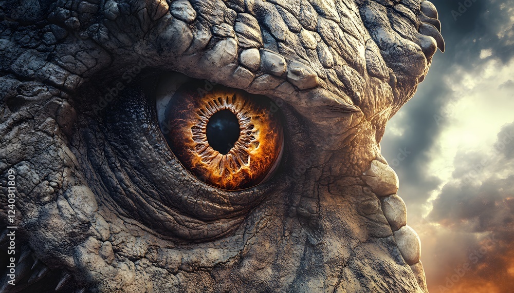 Naklejka premium Ancient Stone Creature Eye Gazes Upon Fiery Skies