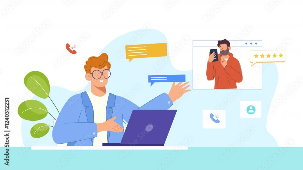 Flat vector scene animation depicting telecallers in a call center environment, with visuals of characters answering calls and communicating with clients. Flat vector scene animation depicting telecallers in a call center environment, with visuals of characters answering calls and communicating with clients.