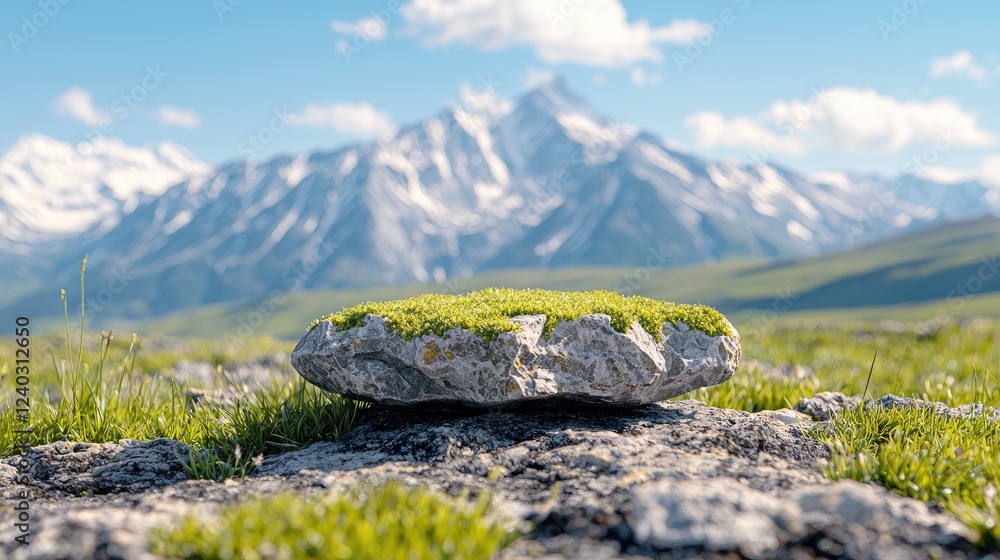 Mossy rock, mountain backdrop, nature scene, product display