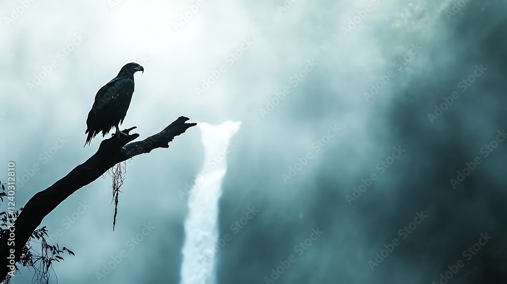 Fototapeta premium Eagle on branch near misty waterfall, wildlife nature image