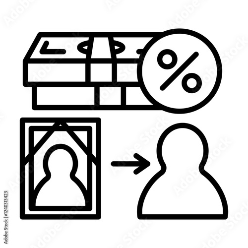 Inheritance tax image icon. There are a deceased person, an heir, and a banknote. There are percentages around it.
