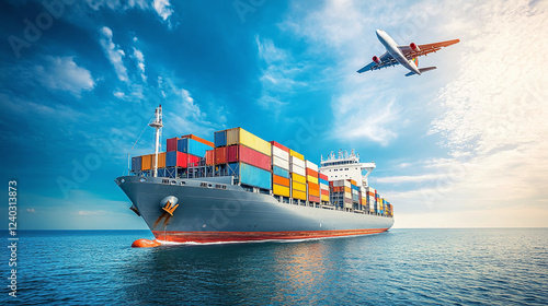 A container ship is sailing in the sea against the backdrop of a flying airplane. The concept of choosing fast and reliable cargo delivery