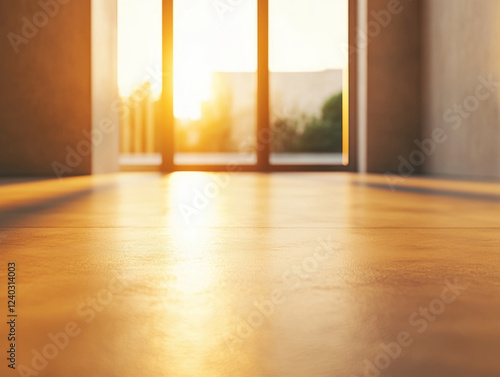 smooth stucco floor reflects warm sunlight  creating serene atmosphere in modern interior space. soft glow enhances minimalist design  inviting tranquility