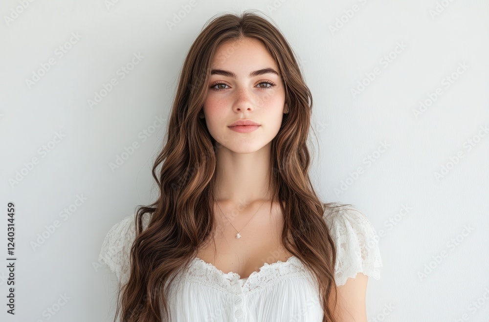 A beautiful woman with long brown hair poses in an elegant white dress, against a white background A beautiful woman with long brown hair poses in an elegant white dress, against a white background