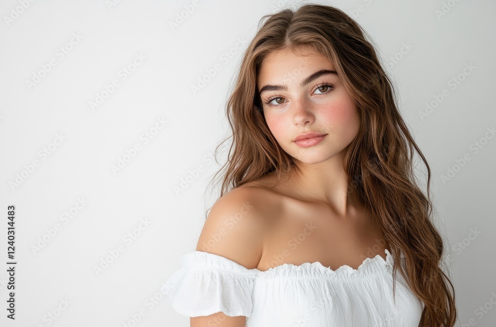 A beautiful woman with long brown hair poses in an elegant white dress, against a white background A beautiful woman with long brown hair poses in an elegant white dress, against a white background
