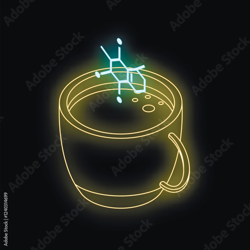 Neon coffee cup with caffeine molecule, symbolizing energy boost and potential addiction