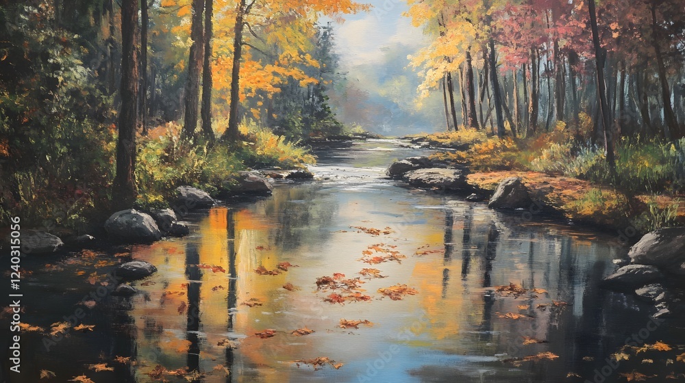Fototapeta premium Serene forest landscape with tranquil stream, vibrant autumn foliage reflecting in water, ideal for nature-themed projects.
