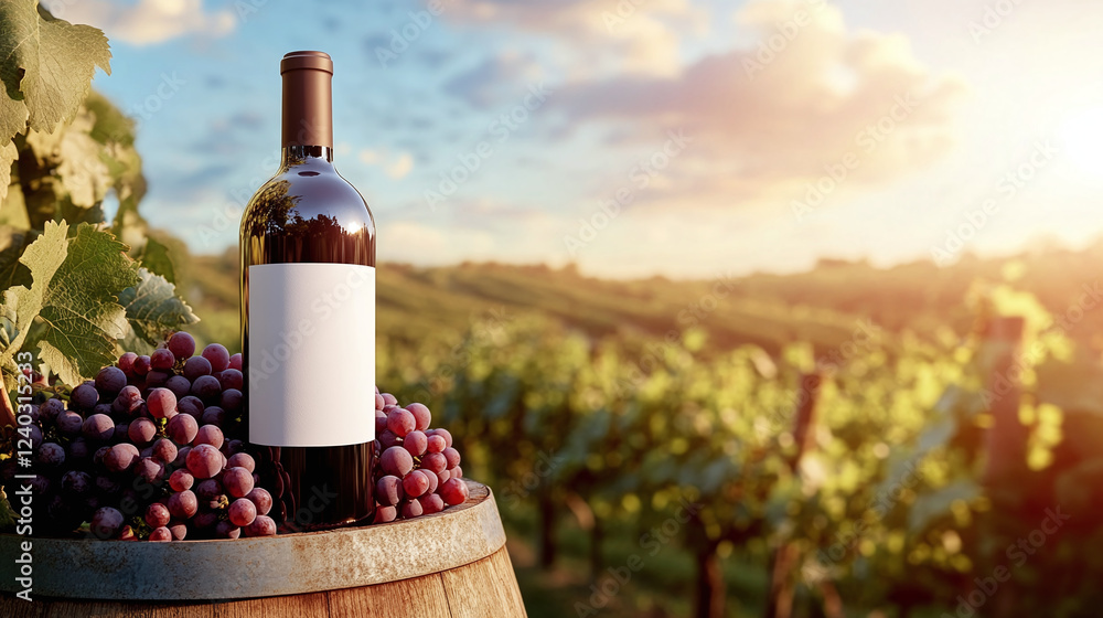 Fototapeta premium A bottle of wine with a white label mockup stands on a wooden barrel next to a grape branch on a blurred background of vineyards and a pleasant warm sunlight