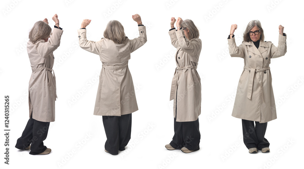 Fototapeta premium various poses of the same woman showing a pose of strength with arms raised on white background.