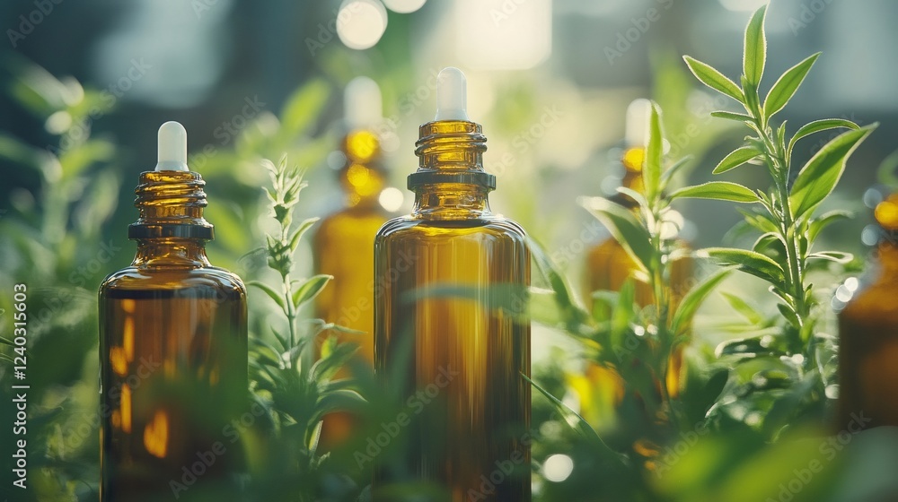 Amber dropper bottles emerging from lush green plants Amber dropper bottles emerging from lush green plants