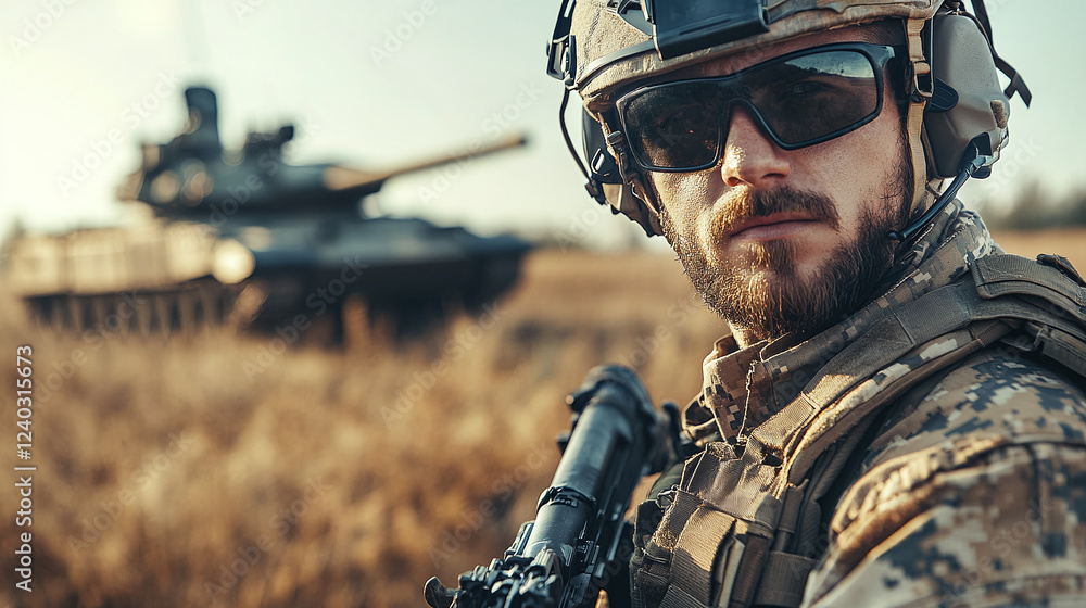 Fototapeta premium A man in a military uniform with a machine gun on the background of a tank in a field