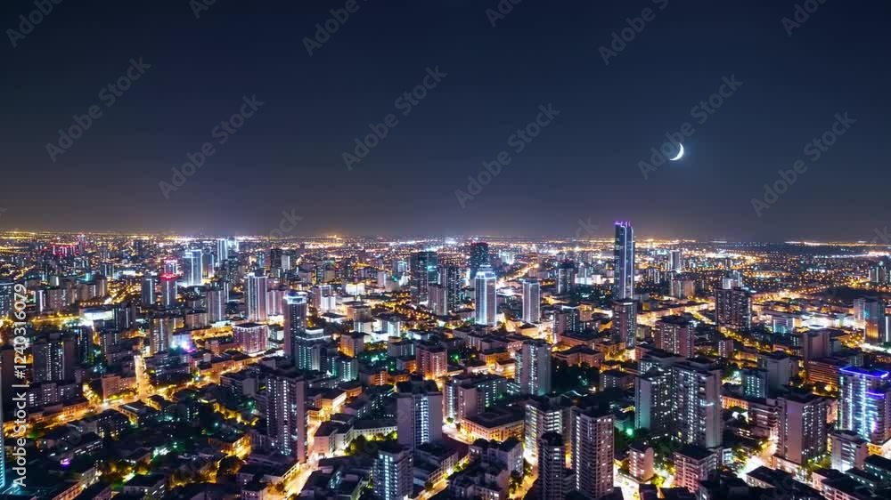 A stunning aerial cityscape at night showcasing illuminated skyscrapers, residential buildings, and streets filled with lights under a clear sky with a crescent moon A stunning aerial cityscape at night showcasing illuminated skyscrapers, residential buildings, and streets filled with lights under a clear sky with a crescent moon