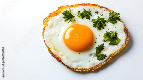 A perfectly cooked fried egg with parsley on a white background photo