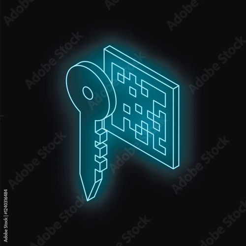 Neon key unlocking digital code, representing cybersecurity and data protection in futuristic design